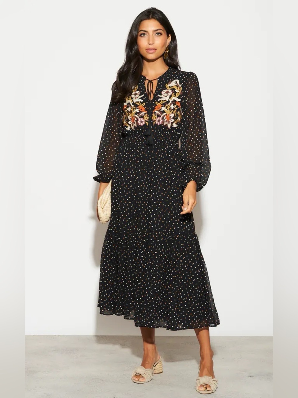 RusttyDustty Embroidered Black Long-Sleeve Midi Dress with Polka Dot Accent